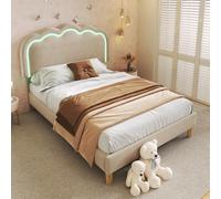 Letto imbottito a LED, letto singolo, struttura del letto con rete a doghe e testiera regolabile, letto imbottito in beige, telaio per camera da letto, camera degli ospiti, materiale di lino (90 x 200