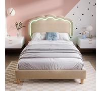 Letto imbottito a LED, letto singolo, telaio con rete a doghe e testiera regolabile, 90 x 200 cm, letto imbottito in beige, per camera da letto, camera degli ospiti, materiale di lino (senza materasso