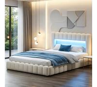 Letto imbottito con bolle, 180 x 200 cm, letto matrimoniale con rete a doghe e spazio idraulico, con USB e LED, con testiera imbottita, tessuto di lino, senza materasso (beige-A, 180 x 200 cm)