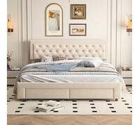 Letto imbottito con contenitore, struttura letto matrimoniale con 2 cassetti, design trapuntato con bottoni, letto ottomano con leva idraulica, letto con piattaforma in tessuto di velluto, senza