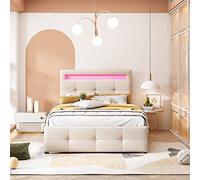Letto imbottito, con luci a LED, 2 cassetti, imbottitura in lino delicata sulla pelle, letto singolo, letto per bambini, letto per gli ospiti, 90 x 200 cm (beige)