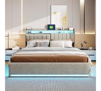 Letto imbottito con luci a LED, letti matrimoniali 160 x 200 letto con USB e luce LED, letto matrimoniale 160 x 200 con testiera imbottita con funzione di ricarica USB, senza materasso (velluto grigio