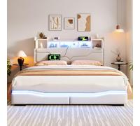 Letto imbottito con presa USB-C, funzione di ricarica 160 x 200 cm, barra luminosa telecomandata sotto il letto, testiera con vano portaoggetti, letto idraulico, senza materasso, con luci LED, beige