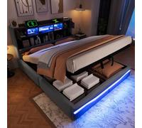 Letto imbottito, con presa USB C, funzione di ricarica, barra luminosa telecomandata sotto il letto, testiera con vano portaoggetti, letto idraulico, senza materasso, con luce LED, grigio, 160 x 200