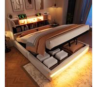 Letto imbottito, con presa USB C, funzione di ricarica, barra luminosa telecomandata sotto il letto, testiera con vano portaoggetti, letto idraulico, senza materasso, con luce LED, beige, 160 x 200 cm