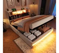 Letto imbottito, con presa USB C, funzione di ricarica, barra luminosa telecomandata sotto il letto, testiera con vano portaoggetti, letto idraulico, senza materasso, con luce LED, beige, 140 x 200 cm