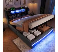 Letto imbottito, con presa USB C, funzione di ricarica, barra luminosa telecomandata sotto il letto, testiera con vano portaoggetti, letto idraulico, senza materasso, con luce LED, grigio, 140 x 200