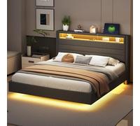 Letto imbottito con presa USB e luce a LED, testiera reversibile, poggiapiedi nascosto, letto doppio, letto per ragazzi, letto per adulti, tessuto di lino (grigio, 160 x 200 cm)