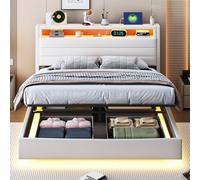 Letto imbottito con presa USB e luce a LED, testiera reversibile, poggiapiedi nascosto, letto doppio piano, letto per ragazzi, letto per adulti, tessuto di lino (beige, 140 x 200 cm)