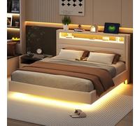 Letto imbottito, con presa USB e luce LED, testiera reversibile, poggiapiedi nascosto, letto doppio, letto per ragazzi, letto per adulti, tessuto di lino (beige, 160 x 200 cm)
