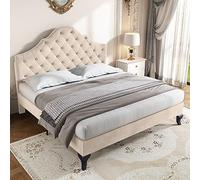 Letto imbottito con rete a doghe e testiera, letto imbottito con testiera regolabile in altezza, per ragazzi, supporto per doghe in legno, facile da montare, velluto (beige, 140 x 190 cm)