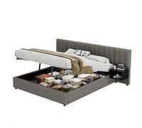 Letto imbottito con sistema di sollevamento idraulico integrato e ampio spazio di archiviazione, robusta rete a doghe in legno, testiera imbottita, due pratici comodini, design moderno (grigio, 180 x