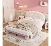 Letto imbottito con strisce luminose variabili multicolori, testiera ondulata, con gambe rotonde imbottite, lettino per bambini con doghe in legno, letto matrimoniale, velluto, beige+rosa (140 x 200