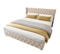 Letto imbottito con testiera e poggiapiedi imbottiti, telaio del letto con chiusura a bottone, chiodi decorativi, base stabile in legno, design elegante, istruzioni di montaggio semplici (beige chiaro