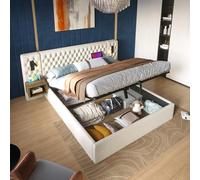 Letto imbottito con vano idraulico e 2 comodini | letto matrimoniale 180 x 200 cm velluto beige | luce da lettura con USB/Type-C | stabile struttura in metallo + rete a doghe | Set completo per camera