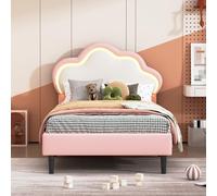 Letto imbottito da bambina 90 x 200 cm, letto rosa LED per bambini, telaio letto singolo con rete a doghe, letto principessa per ragazza, adolescente, PU, rosa