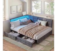 Letto imbottito divano letto 140x200, letto matrimoniale letto singolo con 2 cassetti letto funzionale divano letto con illuminazione LED e stazione di ricarica USB letto singolo letto per giovani
