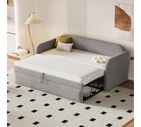 Letto imbottito Divano letto allungabile 90/180 x 190 cm, con strisce verticali, con rete a doghe, letto multifunzione, tessuto di lino confortevole e traspirante, grigio chiaro (materasso non incluso