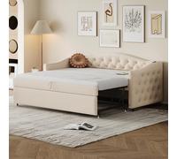 Letto imbottito divano letto allungabile, 90 x 200 cm, con porta USB, forma classica con bottoni a rete a doghe, letto multifunzione, letto per gli ospiti, tessuto di lino, beige (materasso non