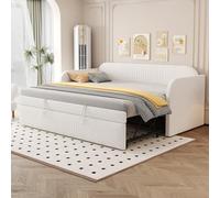 Letto imbottito Divano letto allungabile a righe verticali con rete a doghe, letto multifunzione, tessuto di lino confortevole e traspirante, 90/180 x 190 cm, beige (materasso non incluso)