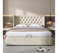 Letto imbottito idraulico 140x200 cm letto matrimoniale con rete a doghe, spazio contenitore, a forma di orecchio, cuciture a bottoni, tessuto velluto, beige, senza materasso