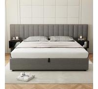 Letto imbottito idraulico, con due comodini con vano portaoggetti, adatto per adulti e ragazzi, rete a doghe in legno, facile da montare, lino, grigio e nero (180 x 200 cm)