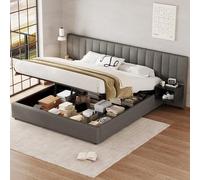 Letto imbottito idraulico largo con due comodini con vano portaoggetti, adatto per adulti e ragazzi, rete a doghe in legno, facile da montare, lino, grigio e nero (180 x 200 cm)