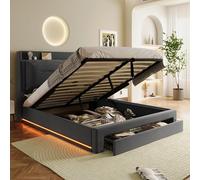 Letto imbottito illuminato a LED, 140 x 190, velluto, regolazione idraulica del letto, cassetti 2 in 1 all'estremità dei piedi del letto, strisce LED integrate su entrambi i lati del letto (grigio)