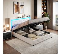 Letto imbottito in PU Aura in legno 140x200 cm, letto singolo e matrimoniale bianco con rete a doghe, testiera in legno con bottoni decorativi, LED RGB