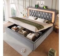 Letto imbottito in velluto 140 x 200 cm, letto matrimoniale con strisce di diamante LED nella testiera, stazione di ricarica USB e tipo C, spazio idraulico, letto per ragazzi con rete a doghe, letto