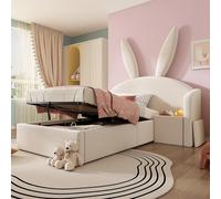 Letto imbottito in velluto, design orecchie coniglio, beige, 90x190 cm