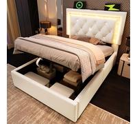 Letto imbottito in velluto singolo con nastro diamantato a LED nella testiera, stazione di ricarica USB e di tipo C, cassetta idraulica con vano portaoggetti, moderno letto per ragazzi con rete a