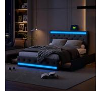 Letto imbottito King Size 180x200 cm con LED e Presa USB C, Letto Matrimoniale XL Imbottito con 4 Cassetti Contenitore, Giroletto Moderno in Lino, Testiera Regolabile, Grigio Scuro, Senza Materasso