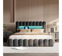 Letto Imbottito Letto a Bolle, letto Matrimoniale con Contenitore Spazio Idraulico, Testiera con Funzione di Ricarica USB e Illuminazione a LED, Senza Materasso (Grigio scuro lino, 160x200 cm)