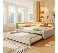 Letto imbottito, letto con barra luminosa a LED all'estremità del letto, letto con letto estraibile, USB + Type-C, lino (senza materasso) (beige, 140 x 200 cm)