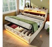 Letto imbottito letto matrimoniale 140 x 190, capienza testiera con porta USB e tipo C, funzione LED 360 surround intorno alla testa e ai piedi, letti con spazio idraulico, beige, lino (senza