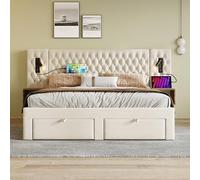 Letto imbottito letto matrimoniale 180 x 200 cm, set completo con 2 comodini e 4 cassetti, testiera con funzione di ricarica USB, colore beige, velluto senza materasso