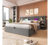 Letto imbottito, letto matrimoniale, telaio letto, camera da letto, set completo, letto idraulico con 2 comodini, testiera con funzione di ricarica USB, grigio, velluto, 160 x 200 cm (senza materasso)