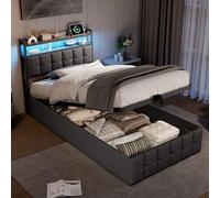 Letto imbottito, letto singolo, 90 x 200 cm, idraulico, con LED, letto funzionale, con rete a doghe, testiera con vano portaoggetti, telaio per adulti con spazio di archiviazione, lino, grigio, senza