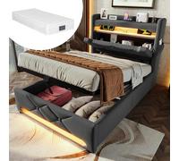 Letto imbottito, letto singolo, capienza testiera con porta USB e tipo C, funzione LED surround 360 intorno alla testa e ai piedi, letti con spazio idraulico, lino (con materasso) (grigio, 90 x 200)
