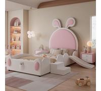 Letto imbottito, letto singolo con piccola scala e scivolo per bambini, testiera con orecchie di coniglio, culla con doghe in legno, PU, bianco+rosa, 90 x 200 cm