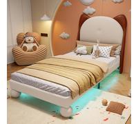 Letto imbottito, letto singolo, letto per bambini, testa a orecchie di gatto, striscia luminosa a LED regolabile sotto il letto, doghe stabili, PU, beige + marrone giallo, 90 x 200 cm