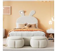 Letto imbottito, letto singolo, orecchie di coniglio con luminosità regolabile, strisce luminose dai colori caldi, con due pouf contenitori, lettino con doghe in legno, velluto 90x200 cm (Beige)