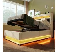 Letto imbottito, letto singolo, testiera con connettori USB e di tipo C, illuminazione a LED sulla testa e sui piedi del letto, con vano di stoccaggio idraulico, lino (senza materasso), beige, 90 x