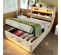 Letto imbottito, letto singolo, testiera con porta USB e tipo C, funzione LED surround 360 intorno alla testa e ai piedi, letti con spazio idraulico, lino (senza materasso) (beige, 90 x 200 cm)