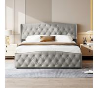 Letto imbottito matrimoniale 160x200cm con contenitore e rete a doghe, letto funzionale con testiera regolabile, schienale contenitore idraulico, rete a doghe corte, senza materasso - grigio 1. Strutt