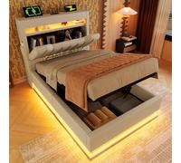 Letto imbottito matrimoniale, testiera, illuminazione a LED sulla testa e sui piedi del letto, con vano portaoggetti idraulico, lino (senza materasso) (beige, 90 x 200 cm)