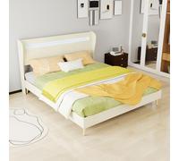Letto imbottito moderno minimalista con testiera morbida, 160 x 200 cm, beige, mobile multifunzione per camera da letto, telaio piatto senza spazio e senza molla a gas, materasso incluso