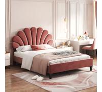 Letto imbottito per bambini 140 x cm con testiera letto e box a doghe con motivo floreale, velluto, rosso/beige, senza materasso