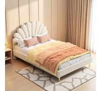 Letto imbottito per bambini 140x200, struttura letto matrimoniale per ragazze, letto per ragazzi con testiera a forma di petalo, struttura letto con rete a doghe, senza materasso, velluto, beige